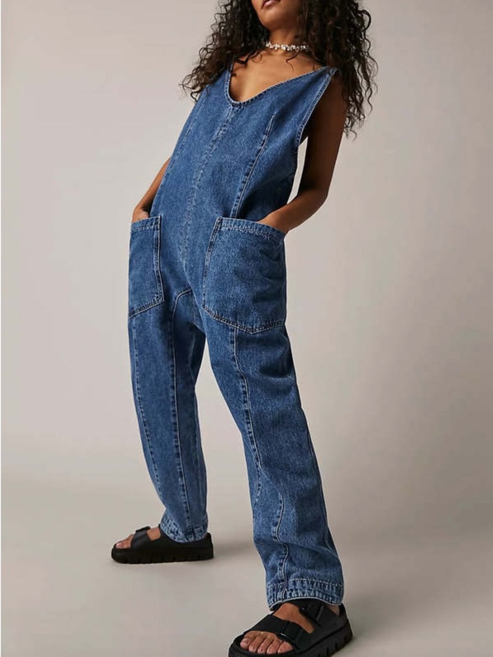 Free People We The Free High Roller Jumpsuit Sapphire Blue Dark Wash Size Medium